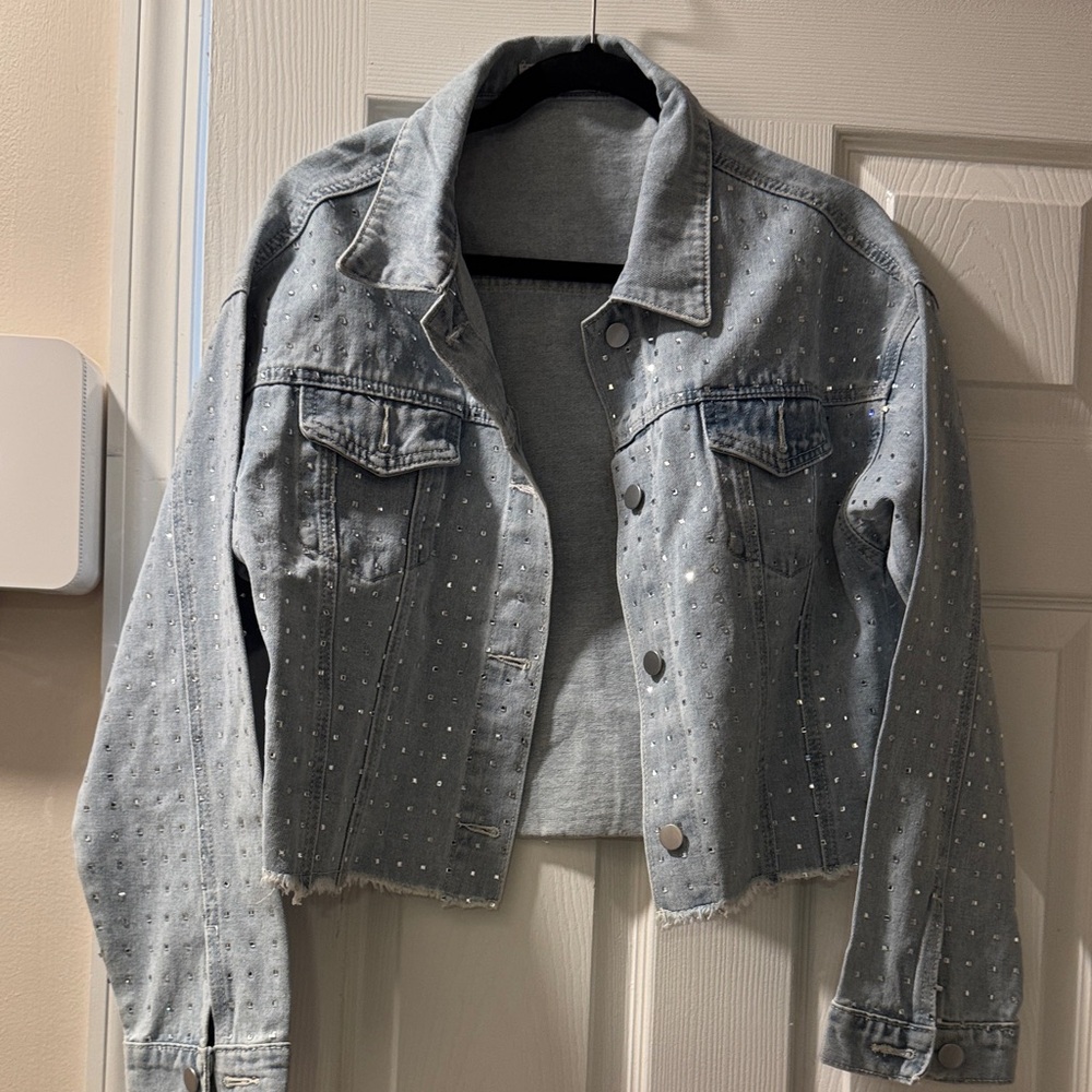 Light Wash Embellished Jean Jacket - Women's